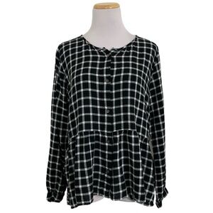 Rails Plaid Ruffle Hem Button Front Top Black & White Women’s Large Long Sleeve